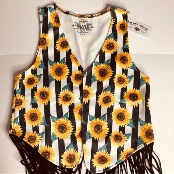 CRAZY TRAIN Sunflower Boho Fringe Vest Halloween M - Picture 8 of 12